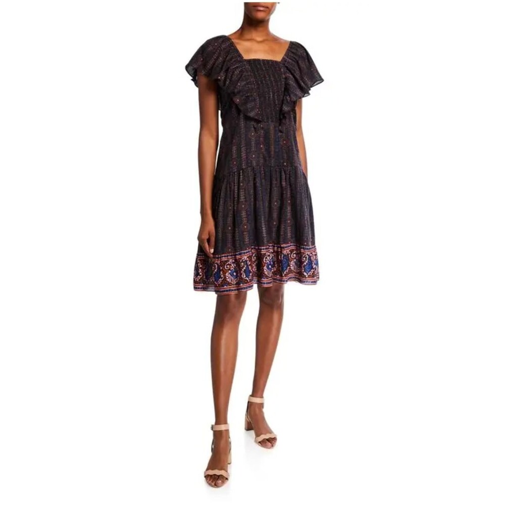 Figue Estella Cotton Square-Neck Smocked Boho Dress Size Small Cotton